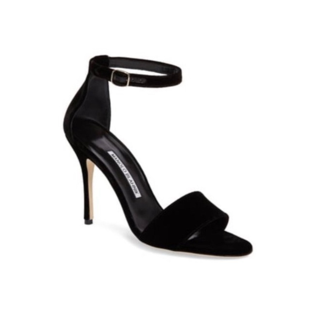 Manolo Blahnik Tres 105 Ankle Strap Sandal Black Suede Size 39.5